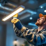 A photograph of capture a photograph of a lighting contractor skillfully installing a strip lamp bulb in a modern
