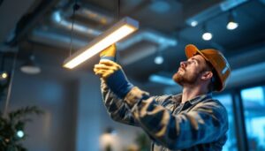 A photograph of capture a photograph of a lighting contractor skillfully installing a strip lamp bulb in a modern