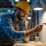 A photograph of a lighting contractor using an innovative outlet plug switch in a modern workspace
