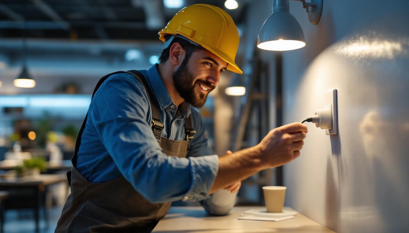 A photograph of a lighting contractor using an innovative outlet plug switch in a modern workspace