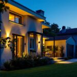 A photograph of a well-lit outdoor residential space showcasing various styles of security lights in action