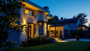 A photograph of a well-lit outdoor residential space showcasing various styles of security lights in action