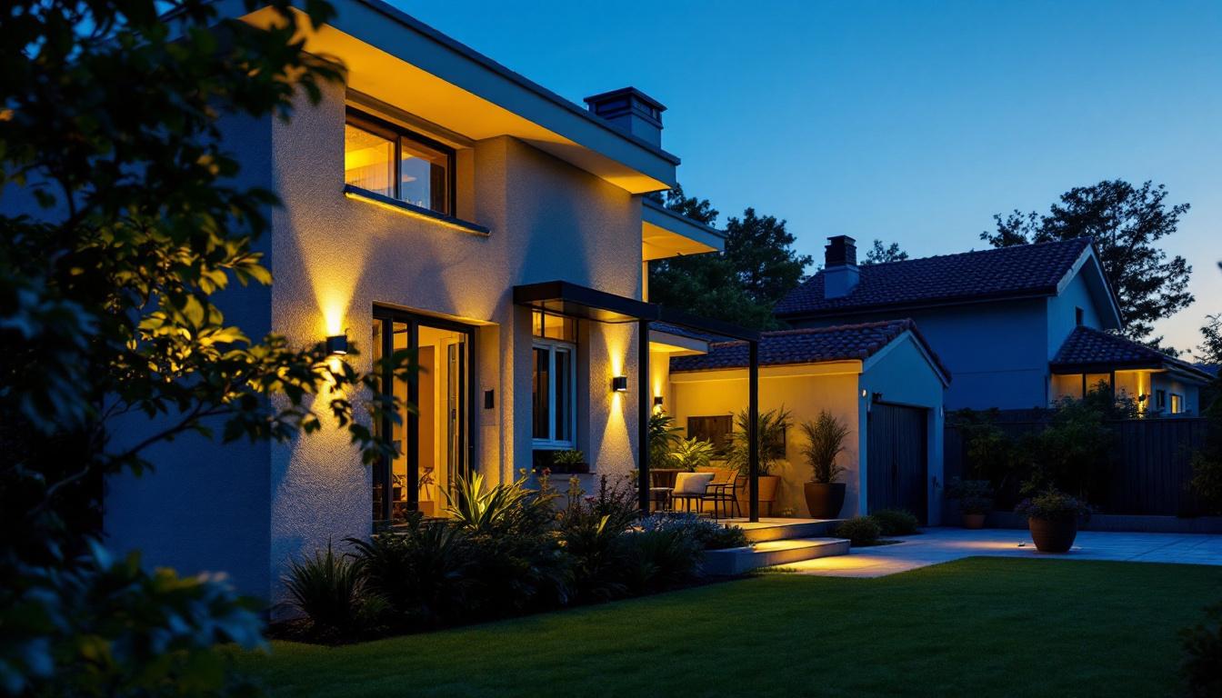 A photograph of a well-lit outdoor residential space showcasing various styles of security lights in action