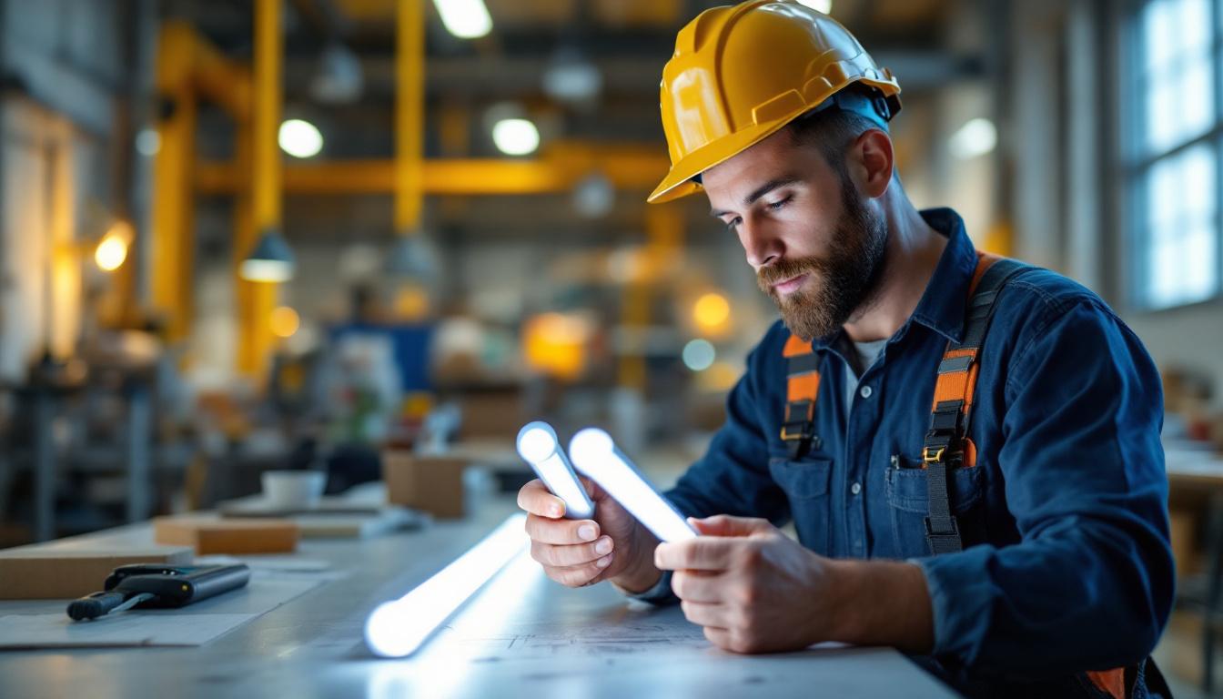 A photograph of a lighting contractor examining and comparing type a and type b led tubes in a well-lit workspace