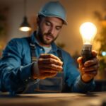 A photograph of a lighting contractor installing or showcasing the b921xf bulb in a well-lit environment