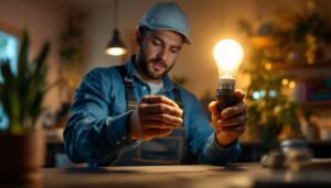 A photograph of a lighting contractor installing or showcasing the b921xf bulb in a well-lit environment