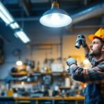 A photograph of a well-lit workshop or garage setting featuring a led hanging shop light in action
