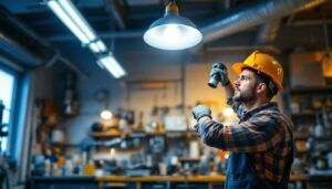A photograph of a well-lit workshop or garage setting featuring a led hanging shop light in action