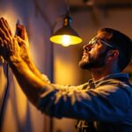 A photograph of a skilled lighting contractor at work