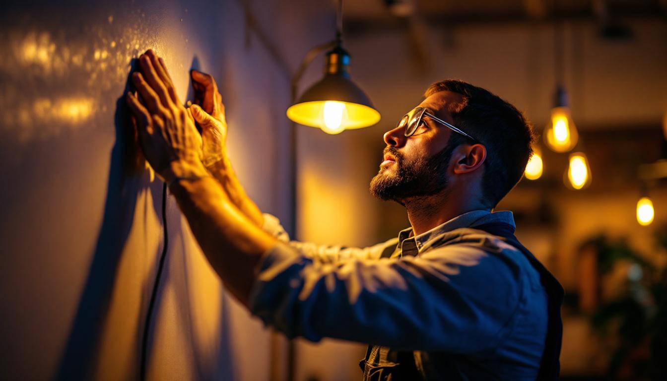 A photograph of a skilled lighting contractor at work