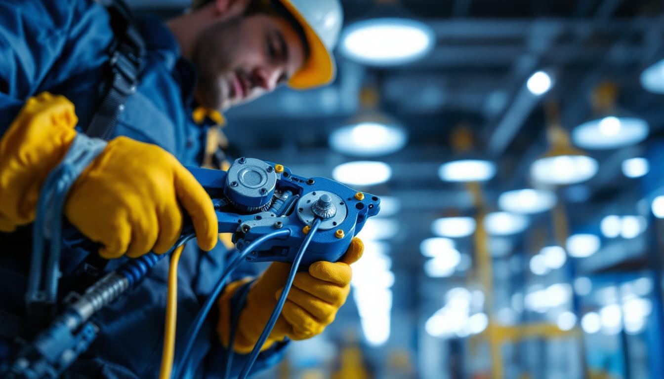 A photograph of a lighting contractor using a wire feed tool in a well-lit workspace