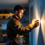 A photograph of a lighting contractor installing energy-efficient heating lights in a modern residential setting