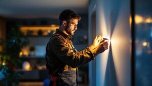 A photograph of a lighting contractor installing energy-efficient heating lights in a modern residential setting
