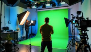 A photograph of a well-lit green screen setup in a professional studio