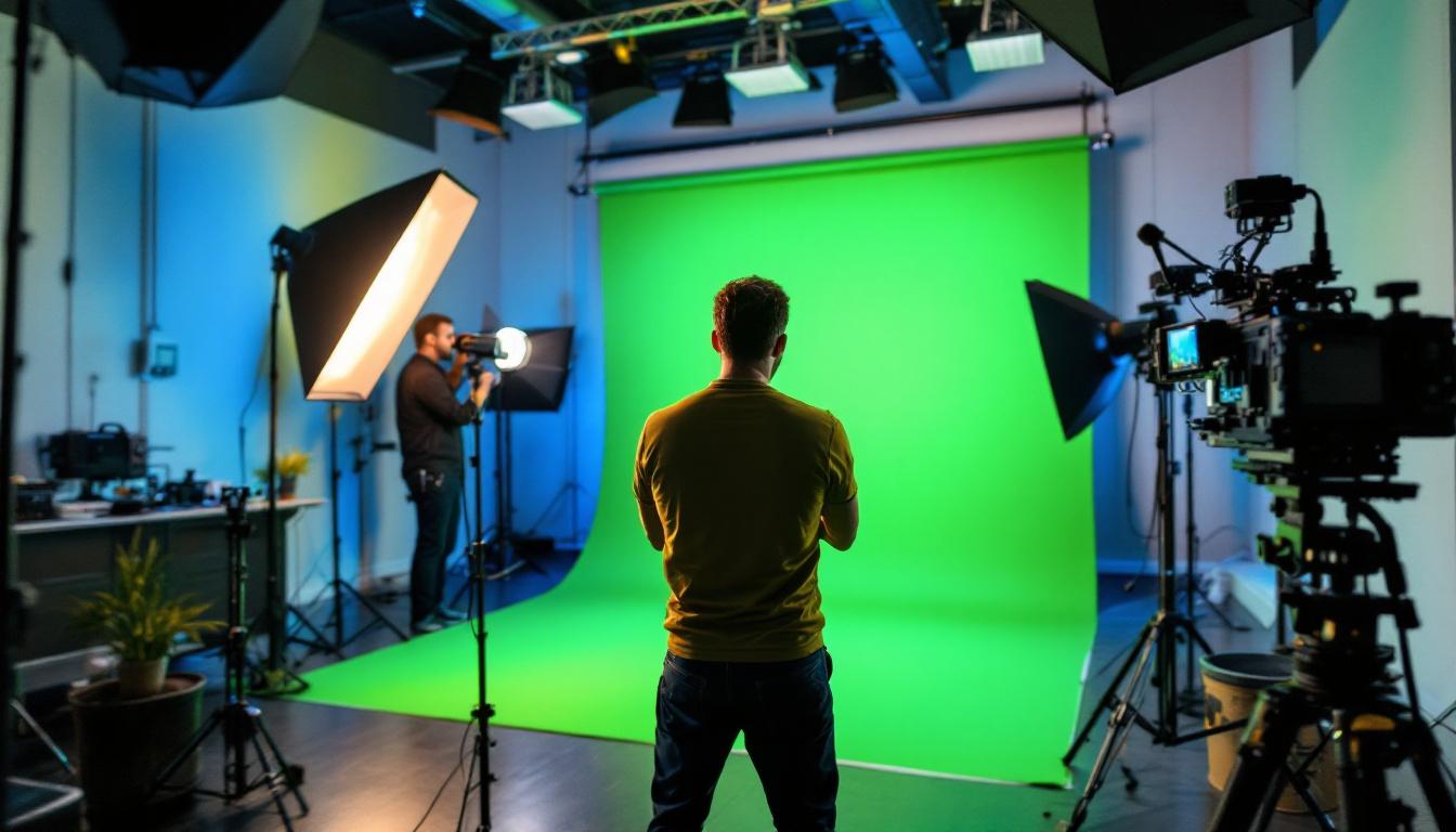A photograph of a well-lit green screen setup in a professional studio