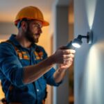 A photograph of a lighting contractor in action