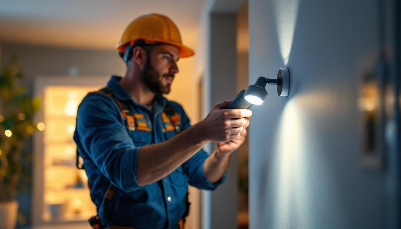 A photograph of a lighting contractor in action