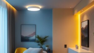 A photograph of a stylishly designed led flush light fixture installed in a contemporary living space
