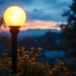 A photograph of a beautifully illuminated outdoor light post globe in a scenic setting