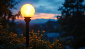 A photograph of a beautifully illuminated outdoor light post globe in a scenic setting