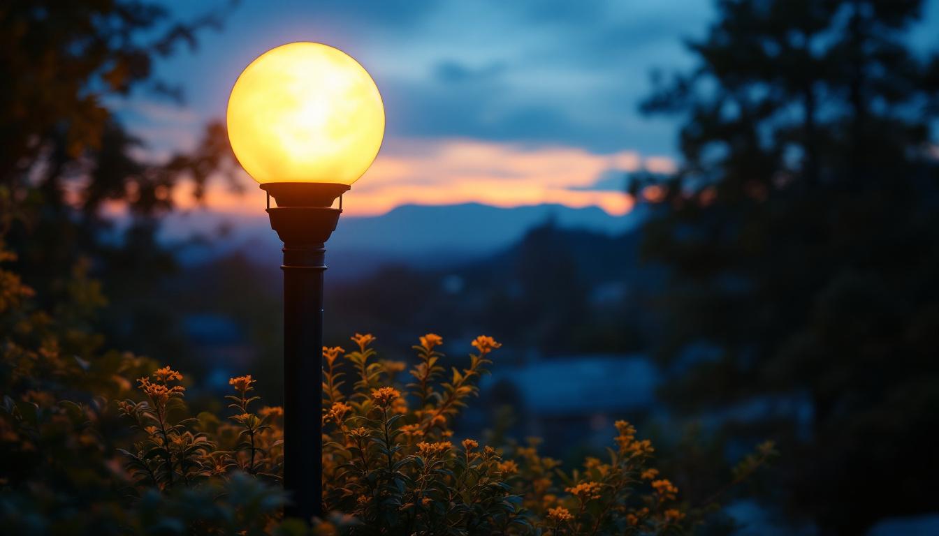 A photograph of a beautifully illuminated outdoor light post globe in a scenic setting