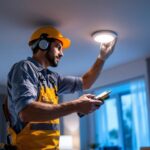 A photograph of a professional lighting contractor installing elite recessed can lights in a modern residential setting