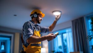 A photograph of a professional lighting contractor installing elite recessed can lights in a modern residential setting
