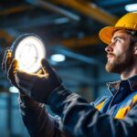 A photograph of a lighting contractor expertly installing a 100w metal halide bulb in an industrial setting