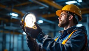 A photograph of a lighting contractor expertly installing a 100w metal halide bulb in an industrial setting