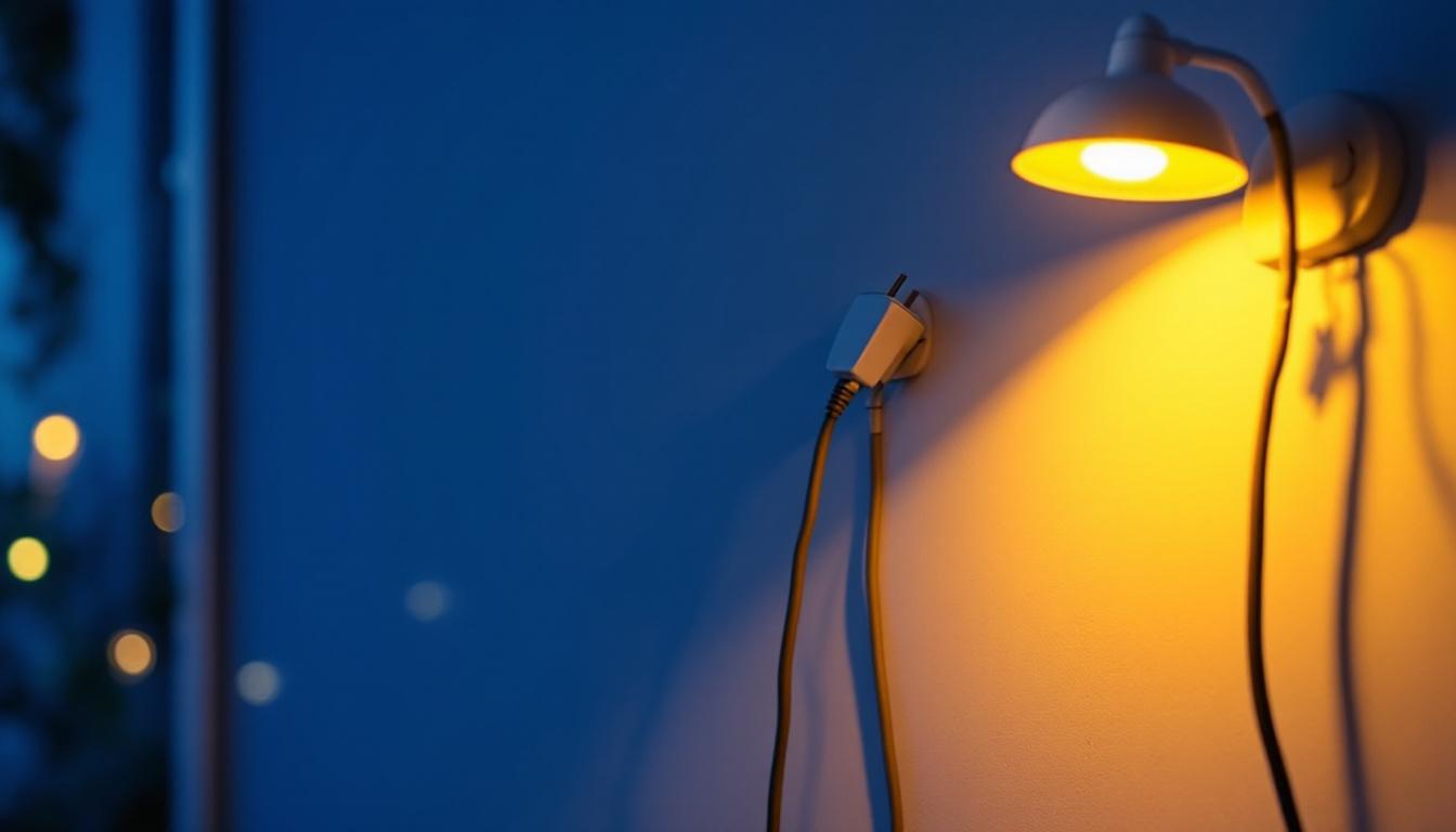 A photograph of a well-lit indoor or outdoor lighting installation featuring various plug-in electrical fixtures