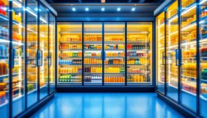 A photograph of a well-lit walk-in cooler showcasing its interior