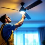 A photograph of a lighting contractor installing a dimmer switch for a ceiling fan in a modern home setting