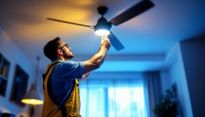 A photograph of a lighting contractor installing a dimmer switch for a ceiling fan in a modern home setting
