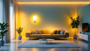 A photograph of a modern home interior featuring smart fluorescent bulbs in various lighting settings