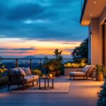 A photograph of a beautifully lit balcony at dusk