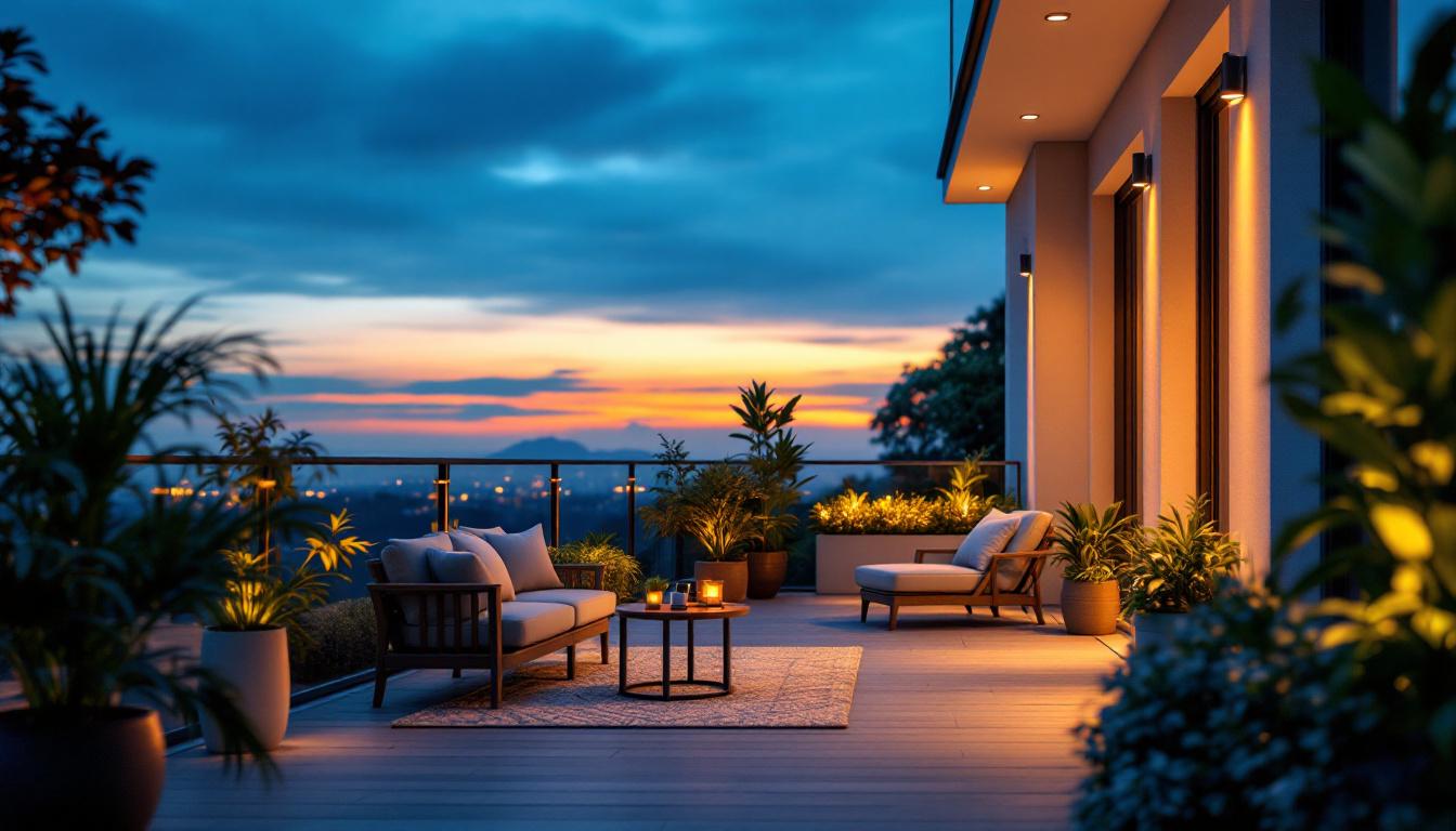 A photograph of a beautifully lit balcony at dusk