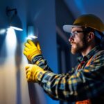 A photograph of a lighting contractor installing a hardwired motion sensor in a residential or commercial setting