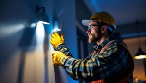 A photograph of a lighting contractor installing a hardwired motion sensor in a residential or commercial setting