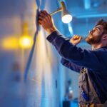 A photograph of a lighting contractor expertly installing innovative lighting fixtures in a beautifully illuminated space