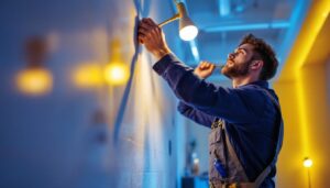 A photograph of a lighting contractor expertly installing innovative lighting fixtures in a beautifully illuminated space