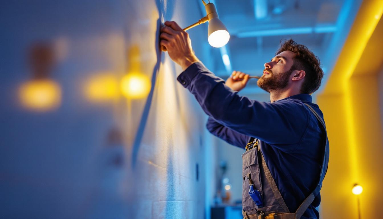 A photograph of a lighting contractor expertly installing innovative lighting fixtures in a beautifully illuminated space
