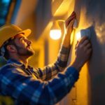A photograph of a lighting contractor installing or adjusting a light photocell sensor in a residential or commercial setting