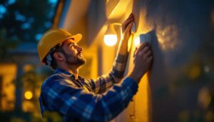 A photograph of a lighting contractor installing or adjusting a light photocell sensor in a residential or commercial setting