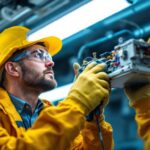 A photograph of a skilled lighting contractor carefully replacing a fluorescent light ballast