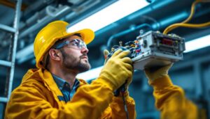 A photograph of a skilled lighting contractor carefully replacing a fluorescent light ballast