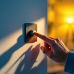 A photograph of a lighting contractor adjusting a modern dimmer slider in a beautifully lit room