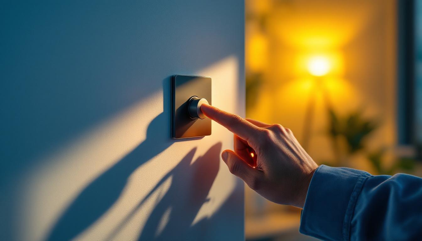 A photograph of a lighting contractor adjusting a modern dimmer slider in a beautifully lit room