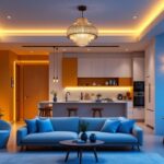 A photograph of a stylishly designed apartment interior featuring a variety of ceiling light fixtures