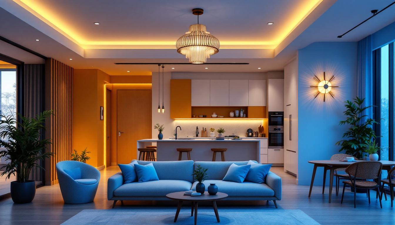 A photograph of a stylishly designed apartment interior featuring a variety of ceiling light fixtures