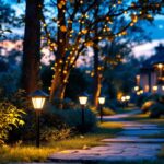 A photograph of a beautifully lit outdoor scene at dusk